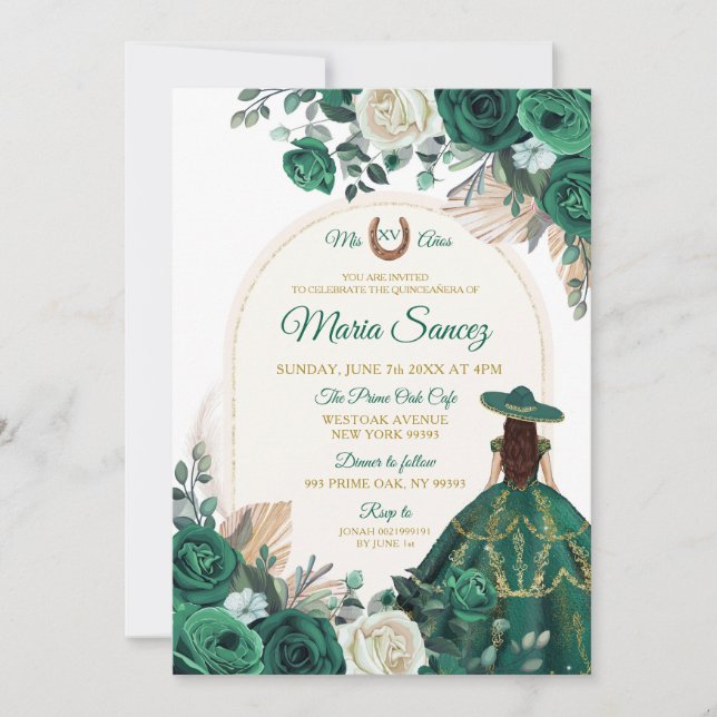 Invitation Boho Dusty Green Floral Mexicaine fille Quinceañer (Devant)