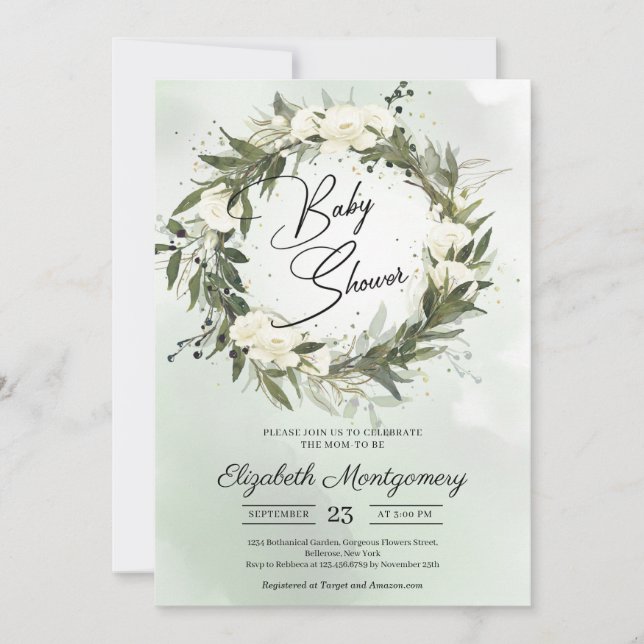 Invitation Boho Dusty Green Olive Wreath White Roses (Devant)