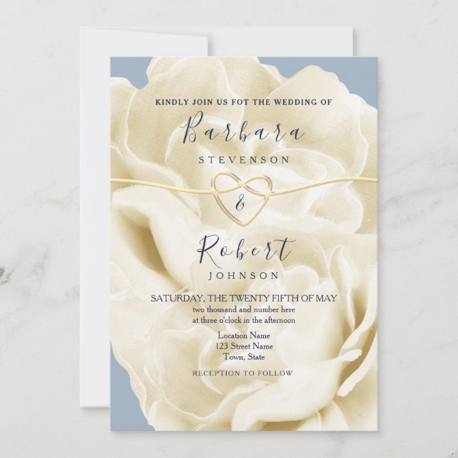 Invitation Boho Dusty Mariage bleu et or Floral (Devant)