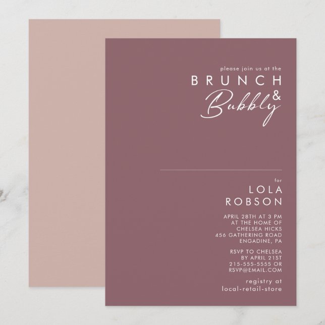 Invitation Boho Dusty Purple & Rose Brunch et Bubbly Douche (Devant / Derrière)