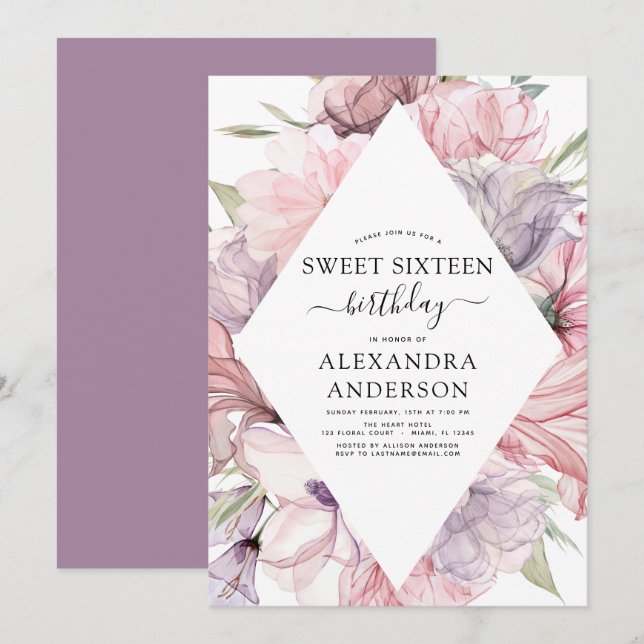 Invitation Boho Dusty Purple Sweet 16 Anniversaire Floral Inv (Devant / Derrière)