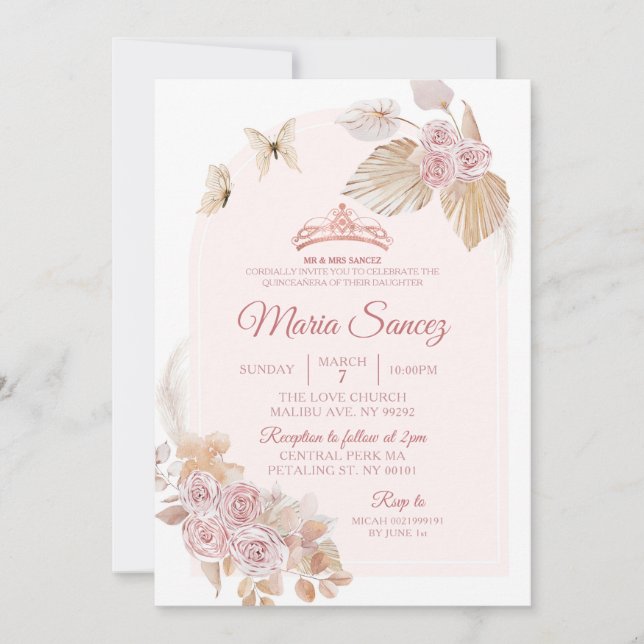 Invitation Boho Dusty rose Floral mexicain Quinceañera (Devant)