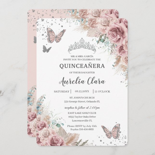Invitation Boho Dusty Rose Floral Pampas Silver Quinceañera (Devant / Derrière)