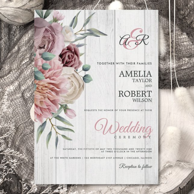 Invitation Boho Dusty Rose Floral Wood (Créateur téléchargé)