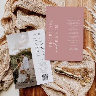 Invitation Boho Dusty rose moderne Mariage photo QR Code RSVP