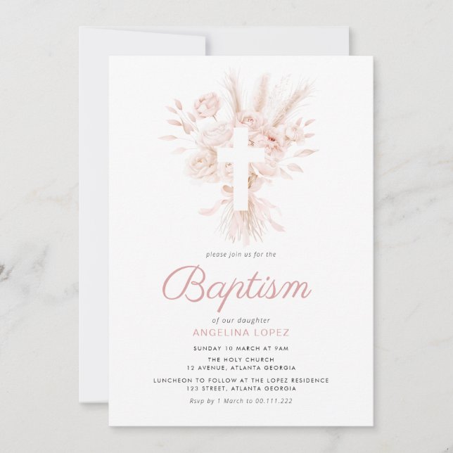 Invitation boho dusty rose pampas baptême floral (Devant)