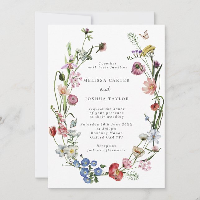 Invitation Boho Dutch Wild Flowers & Butterflies Mariage (Devant)