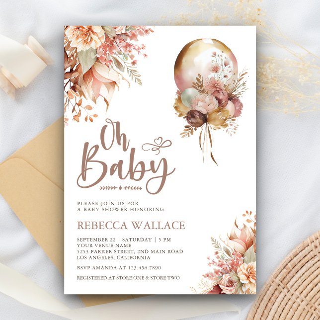 Invitation Boho Earthy Floral Balloon Girl Baby shower (Créateur téléchargé)
