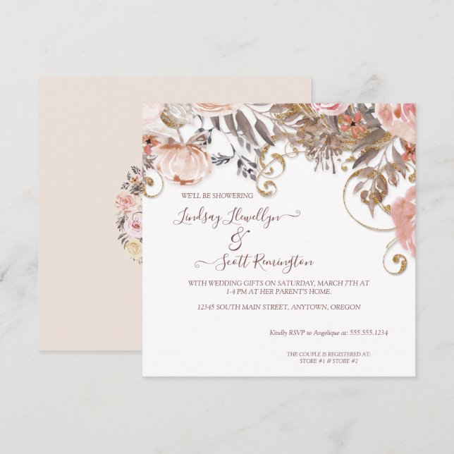 Invitation Boho Earthy Floral Rose Rose Couples Gold Douche (Devant / Derrière)