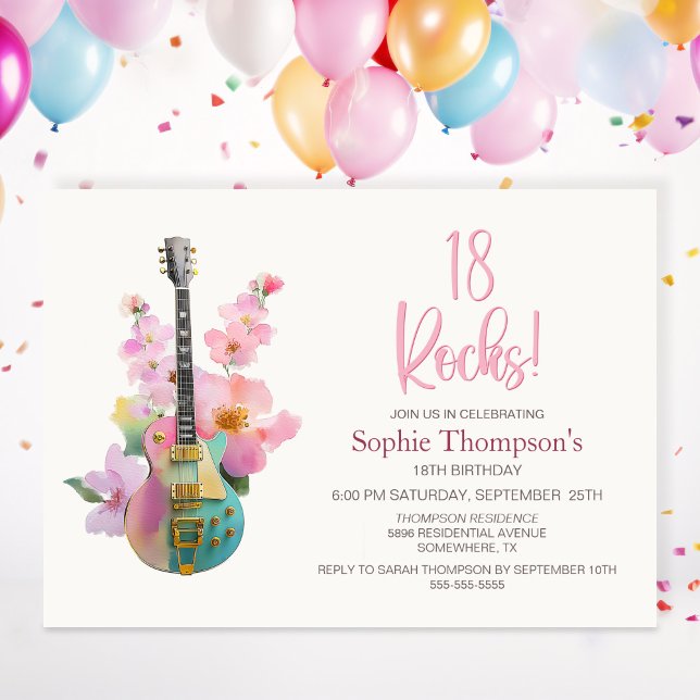 Invitation Boho Electric Guitar Pink Floral 18th Birthday (Créateur téléchargé)