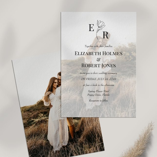 Invitation Boho Elegant Floral Monogramme Photo Mariage perso (Boho Elegant Floral Monogram Custom Photo Wedding Invitation on white table with dry wildflower.)