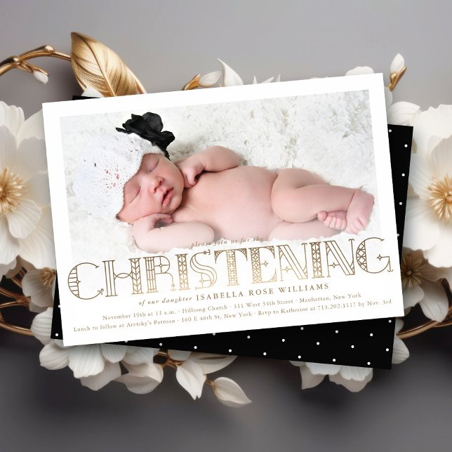 Invitation Boho Elegant Gold Foil Christening Photo Invitatio (Boho Elegant Faux Gold Foil Stylish Chic Modern Christening Religious Photo Invitation @ fat_fa_tin)