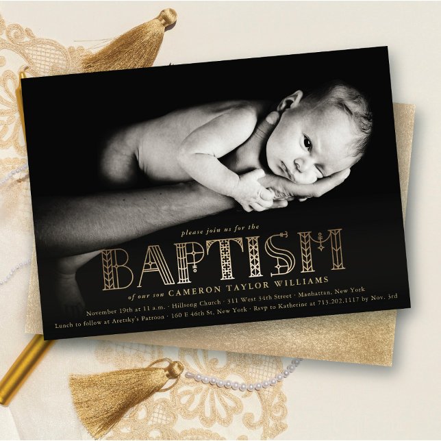 Invitation Boho Elegant Gold Foil Stylish Chic Baptism Photo (Boho Elegant Faux Gold Foil Stylish Chic Modern Baptism Religious Photo Invitation @ fat_fa_tin)
