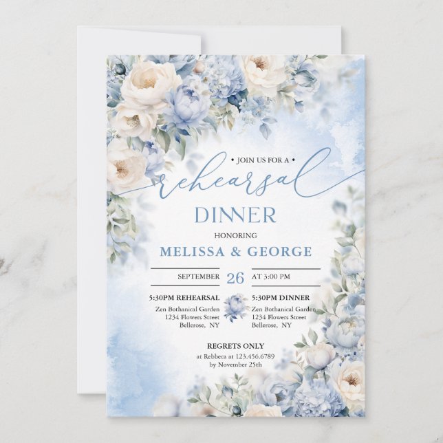 Invitation Boho Elegant hiver Dusty Bleu et Fleurs d'ivoire (Devant)