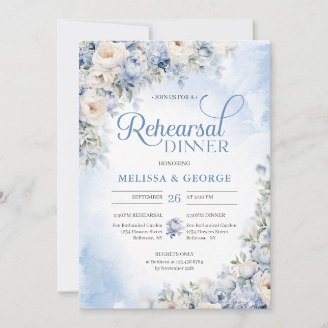 Invitation Boho Elegant hiver Dusty Bleu et Fleurs d'ivoire (Devant)