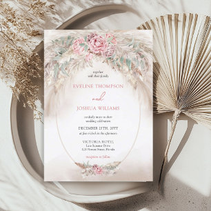 Invitation Boho élégant rose blush pampas eucalyptus mariage