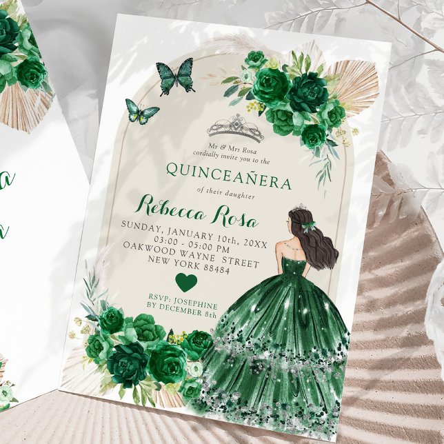 Invitation Boho Emerald Green Roses Princesa Quinceañera (Créateur téléchargé)