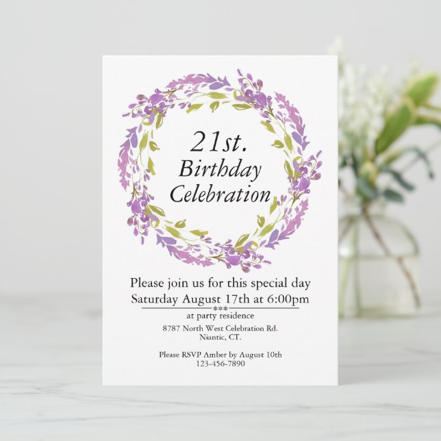 Invitation Boho en germe violet personnalisable 21e (Debout devant)