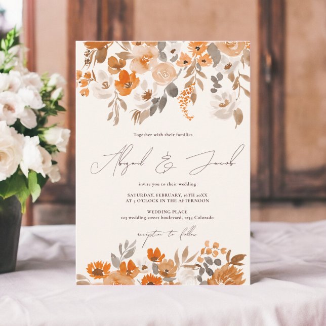 Invitation Boho en terre cuite peint à la main mariage floral (Boho terracotta hand painted floral wedding invitation)