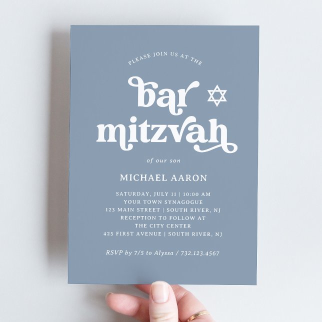 Invitation Boho et Rétro Bleu Poussiéreux | Bar Mitzvah (Créateur téléchargé)