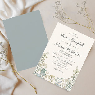 Invitation Boho Eucalyptus Aquarelle Bleu & Beige Mariage
