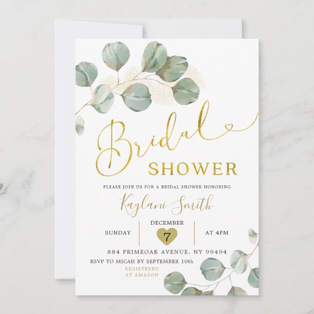 Invitation Boho Eucalyptus Gold Fête des mariées de verdure (Devant)