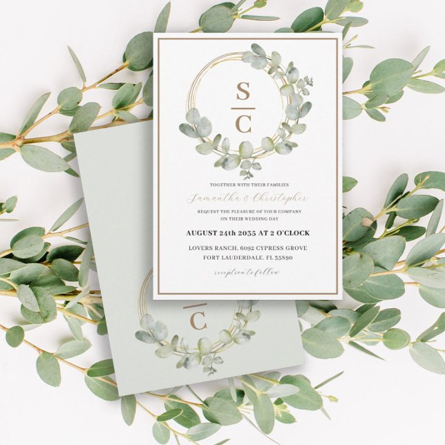 Invitation Boho Eucalyptus Mariage de couronnes vertes et dor (Créateur téléchargé)