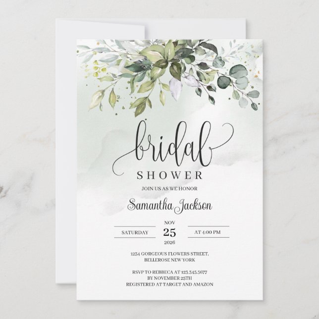 Invitation Boho Eucalyptus Verdure Feuillage doré (Devant)