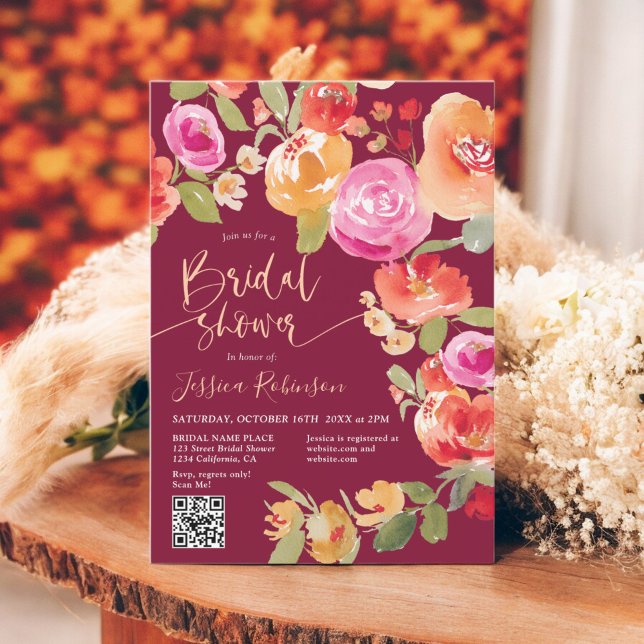 Invitation Boho Fall aquarelle florale QR douche nuptiale rou (Boho Fall floral watercolor QR red bridal shower Invitation)