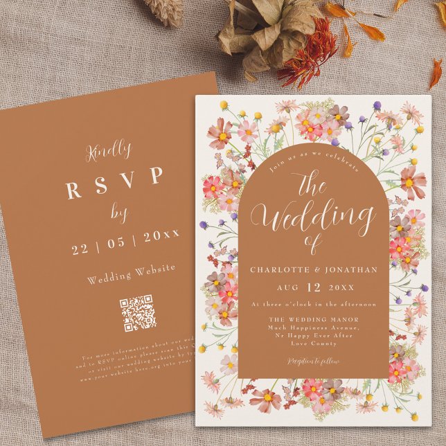 Invitation Boho Fall Fleur sauvage Arch Burnt Orange Mariage (Boho fall Wildflower arch burnt orange terracotta Wedding invitation autumnal dried flowers)