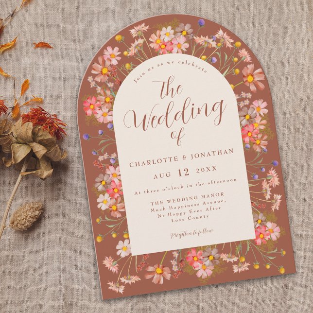 Invitation Boho Fall Fleur sauvage Arch Burnt Orange Mariage (Boho wildflower floral arch burnt orange terracotta wedding invitation elegant modern script)