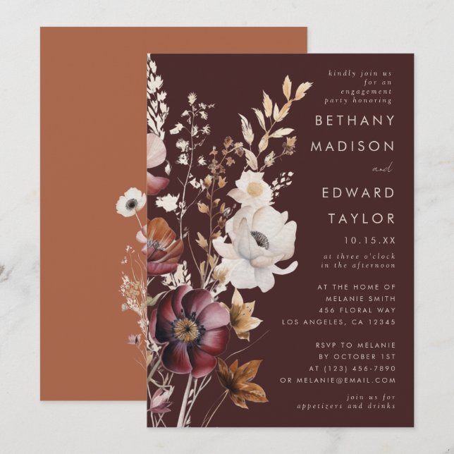 Invitation Boho Fall Fleur sauvage Brown Engagement Party (Devant / Derrière)