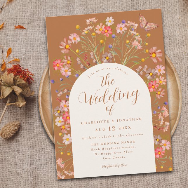 Invitation Boho Fall Fleur sauvage Floral Butal Mariage (Boho fall wildflower butterfly terracotta floral arch wedding invitation watercolor burnt orange )