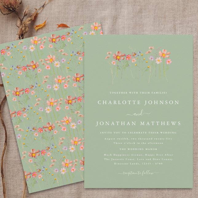 Invitation Boho Fall Fleur sauvage Sage Green Mariage (Boho fall Wildflower meadow floral sage green Wedding Invitation Elegant modern script terracotta )