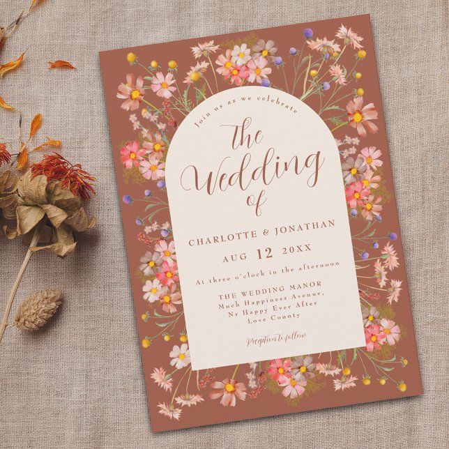 Invitation Boho Fall Fleur sauvage Terracotta Beige Mariage (Boho wildflower arch burnt orange terracotta beige fall wedding invitation Elegant modern script)