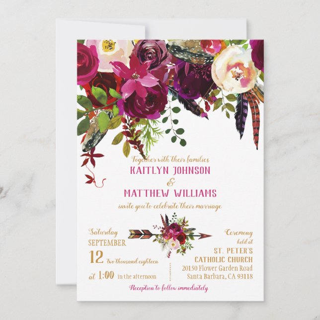 Invitation Boho Fall Floral Arrow Bouquet Mariage (Devant)