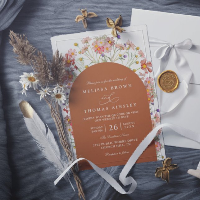 Invitation Boho Fall Wildflower Terracotta QR Code Wedding (Créateur téléchargé)