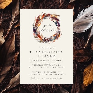 Invitation Boho Feathages Fall Foliage Thanksgiving Dîner