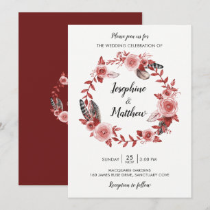 Invitation Boho Feather Bourgogne Rose Mariage de couronne
