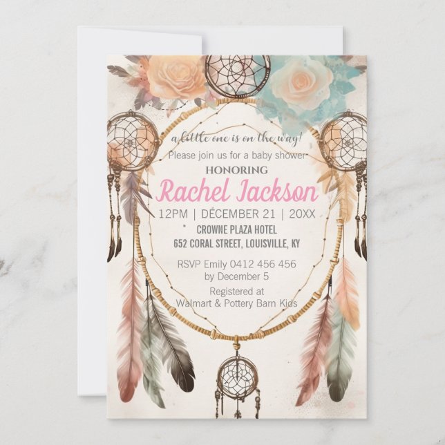 Invitation Boho Feather Dreamcatcher Baby shower aquarelle (Devant)