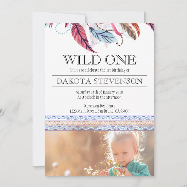Invitation Boho Feathers 1er Anniversaire Photo (Devant)
