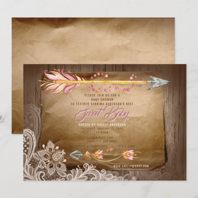 Invitation BOHO Feathers and Lace C'est un Baby shower de fil (Devant / Derrière)