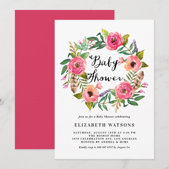 Invitation Boho Feathers Baby shower rose Floral Wreath (Devant / Derrière)