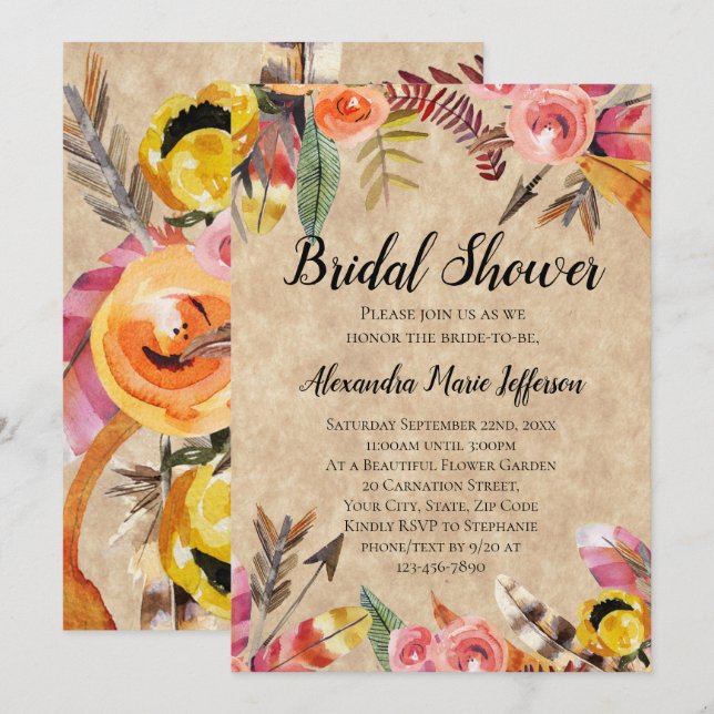 Invitation Boho Feathers Flèches Fleurs Mariage rustique (Devant / Derrière)