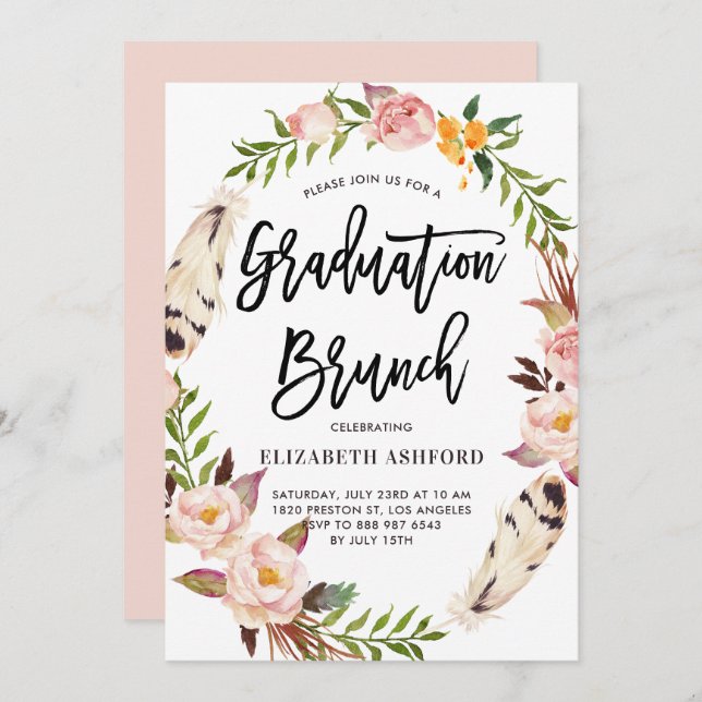 Invitation Boho Feathers & Floral Wreath Graduation Brunch (Devant / Derrière)