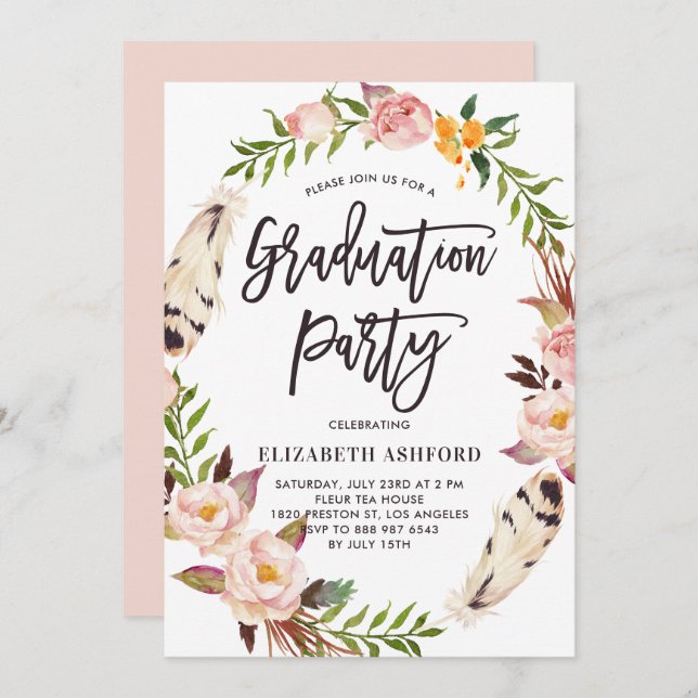 Invitation Boho Feathers & Floral Wreath Graduation Party (Devant / Derrière)