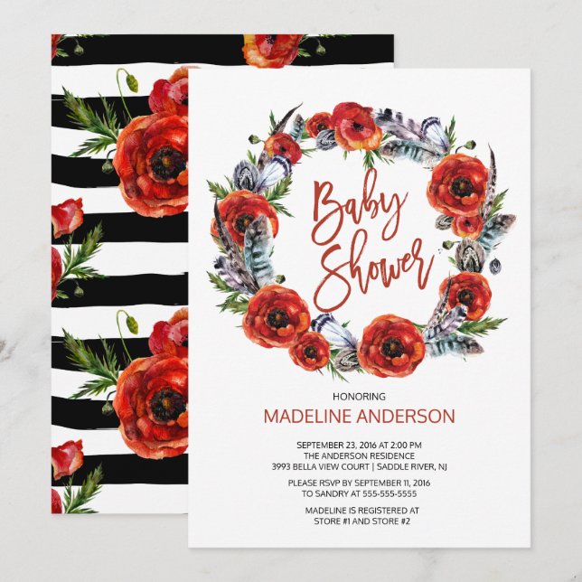 Invitation Boho Feathers Poppy Floral Fall Baby shower (Devant / Derrière)