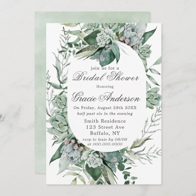 Invitation Boho Fête des mariées de verdure succulente (Devant / Derrière)
