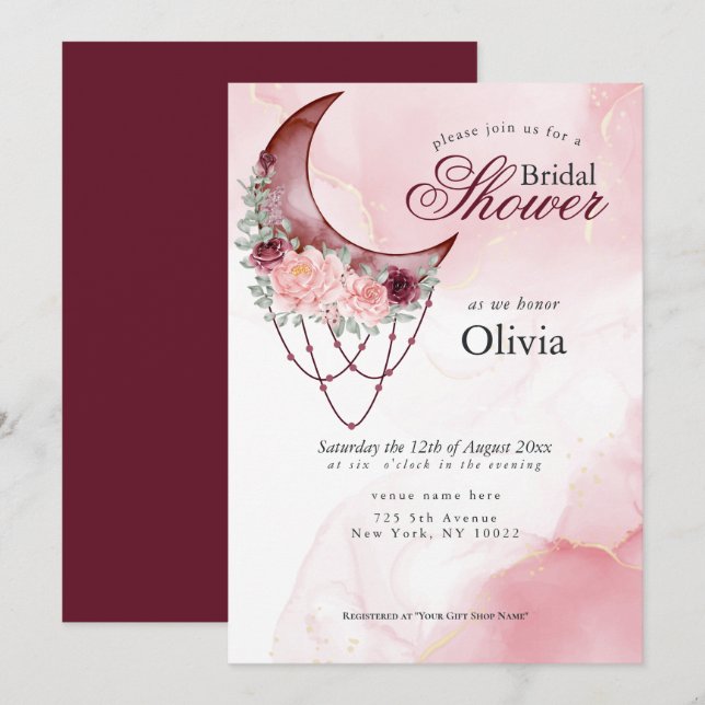Invitation Boho Fête des mariées rose Croissant Lune Mandala (Devant / Derrière)