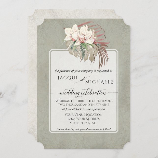 Invitation BOHO Feuillage Sage Vert Orchidée Blanche Floral J (Devant / Derrière)